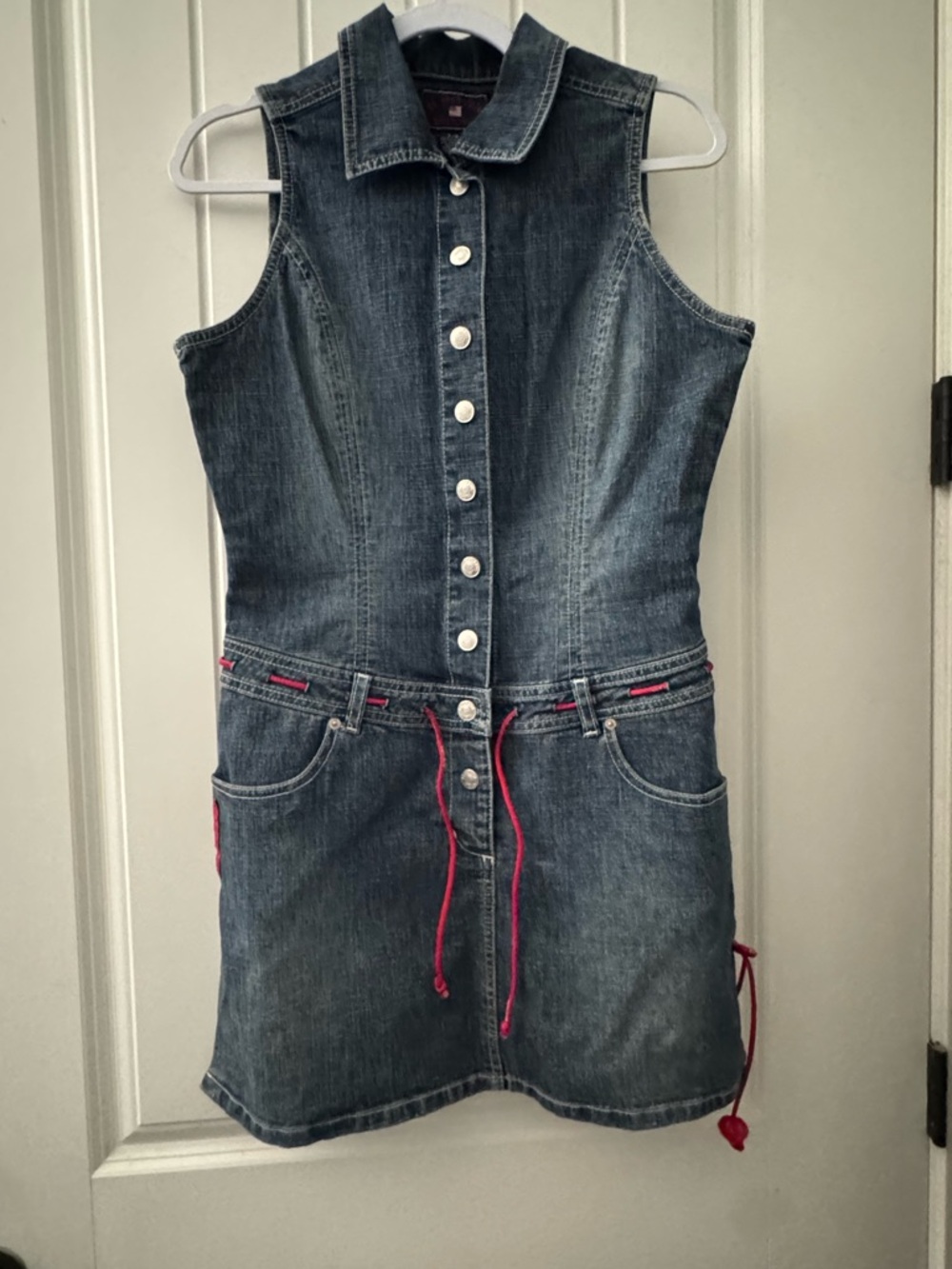 U.S. Polo Assn. Sleeveless Denim Mini Dress with Pink Drawcords